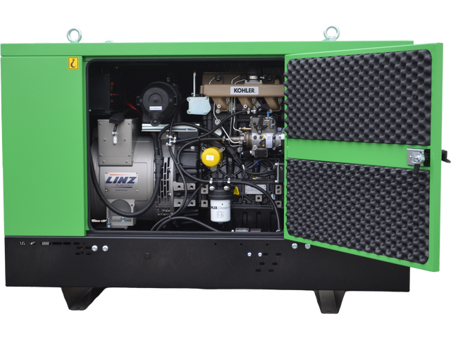 Stromerzeuger Diesel 45kVA 230V 50Hz, 1500 U/Min
Dieselmotor KOHLER KDI 2504TCR(Stage V), Elektrostart, 75 Liter Tank
Synchrongenerator 4 Pole Bürstenlos mit AVR Regelung
Schallverhaubung
Steuerung Comap AMF 25 (digitale Anzeige für Spannung, Strom, Frequenz, Tankinhalt)
Not Aus Schalter
Batterieladegerät
Klemmleiste